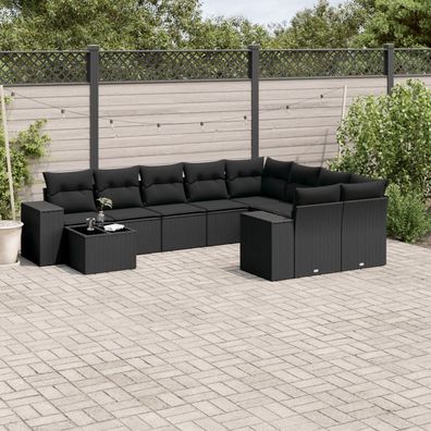 vidaXL 10-tlg. Garten-Sofagarnitur mit Kissen Schwarz Poly Rattan