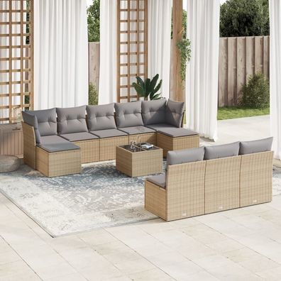 vidaXL 11-tlg. Garten-Sofagarnitur mit Kissen Beige Poly Rattan