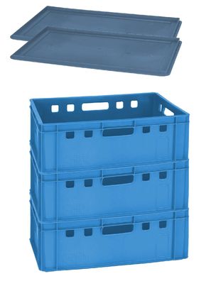 3 stabile Transportkisten Kiste 60x40x20 cm blau + 2 Deckel blau Gastlando