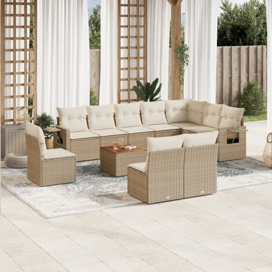 vidaXL 11-tlg. Garten-Sofagarnitur mit Kissen Beige Poly Rattan