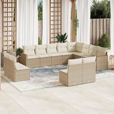 vidaXL 12-tlg. Garten-Sofagarnitur mit Kissen Beige Poly Rattan