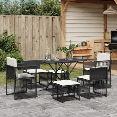 vidaXL 7-tlg. Garten-Essgruppe mit Kissen Schwarz Poly Rattan