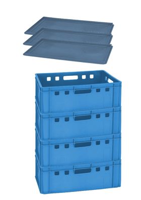 4 stabile Sammelbox Kiste 60x40x20 cm + 3 Deckel blau Gastlando