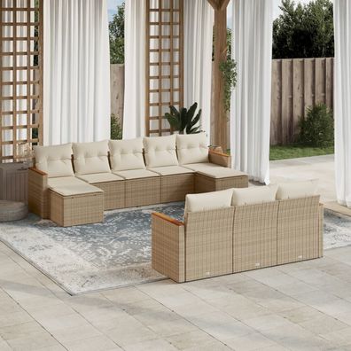 vidaXL 10-tlg. Garten-Sofagarnitur mit Kissen Beige Poly Rattan