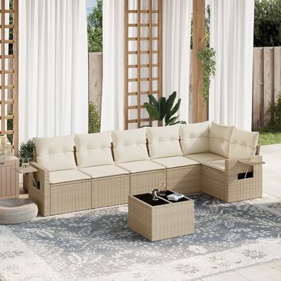 vidaXL 7-tlg. Garten-Sofagarnitur mit Kissen Beige Poly Rattan