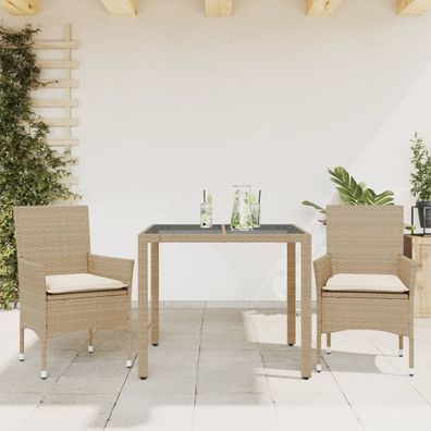 vidaXL 3-tlg. Garten-Essgruppe mit Kissen Beige Poly Rattan und Glas