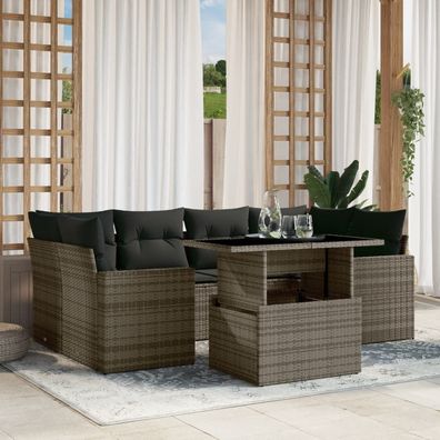 vidaXL 7-tlg. Garten-Sofagarnitur mit Kissen Grau Poly Rattan