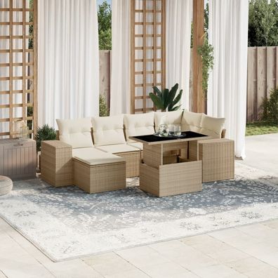 vidaXL 7-tlg. Garten-Sofagarnitur mit Kissen Beige Poly Rattan