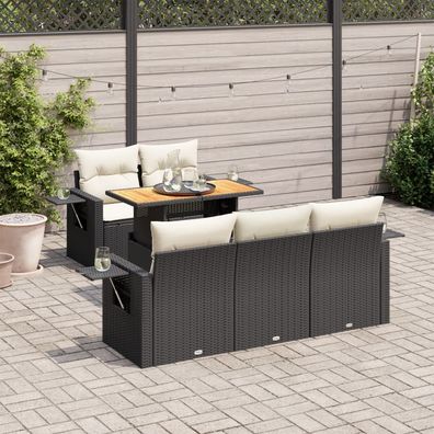 vidaXL 6-tlg. Garten-Sofagarnitur mit Kissen Schwarz Poly Rattan