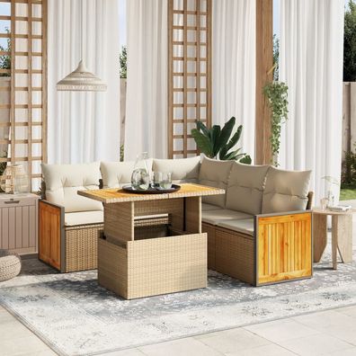 vidaXL 6-tlg. Garten-Sofagarnitur mit Kissen Beige Poly Rattan