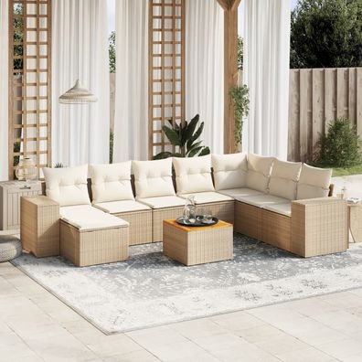 vidaXL 9-tlg. Garten-Sofagarnitur mit Kissen Beige Poly Rattan