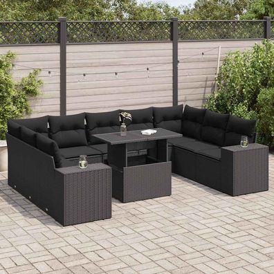 vidaXL 10-tlg. Garten-Sofagarnitur mit Kissen Schwarz Poly Rattan