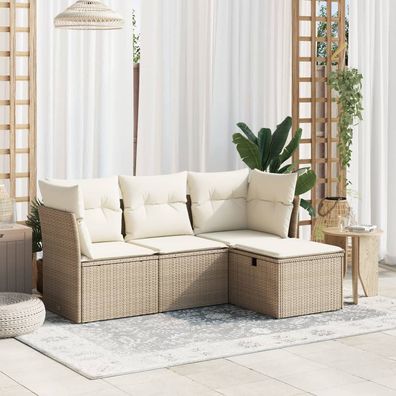 vidaXL 4-tlg. Garten-Sofagarnitur mit Kissen Beige Poly Rattan