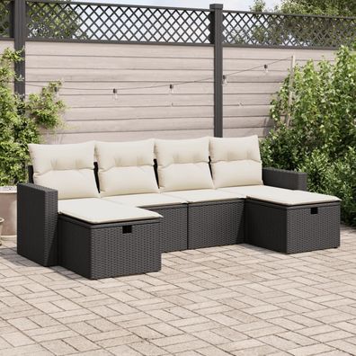 vidaXL 6-tlg. Garten-Sofagarnitur mit Kissen Schwarz Poly Rattan