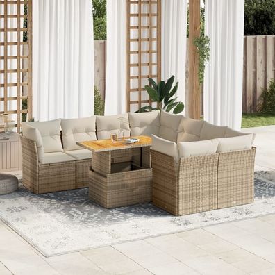 vidaXL 9-tlg. Garten-Sofagarnitur mit Kissen Beige Poly Rattan