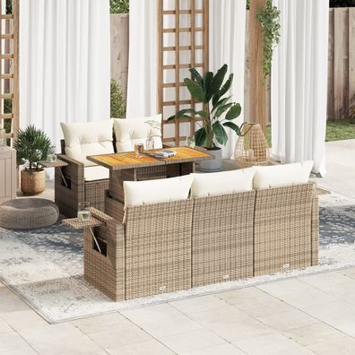 vidaXL 6-tlg. Garten-Sofagarnitur mit Kissen Beige Poly Rattan