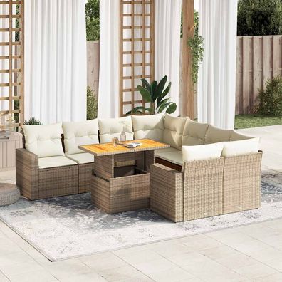 vidaXL 9-tlg. Garten-Sofagarnitur mit Kissen Beige Poly Rattan