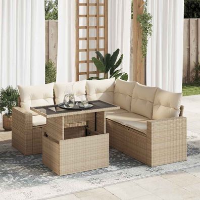 vidaXL 6-tlg. Garten-Sofagarnitur mit Kissen Beige Poly Rattan