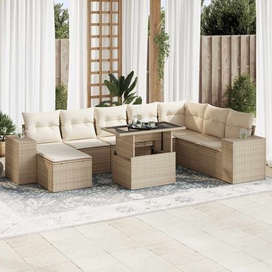 vidaXL 9-tlg. Garten-Sofagarnitur mit Kissen Beige Poly Rattan