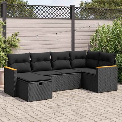 vidaXL 6-tlg. Garten-Sofagarnitur mit Kissen Schwarz Poly Rattan