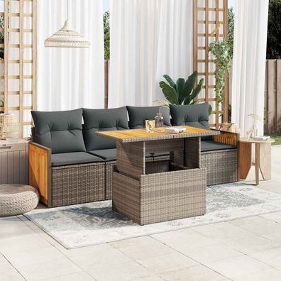 vidaXL 5-tlg. Garten-Sofagarnitur mit Kissen Grau Poly Rattan Akazie