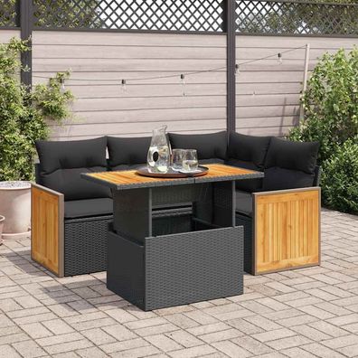 vidaXL 5tlg. Garten-Sofagarnitur mit Kissen Schwarz Poly Rattan Akazie