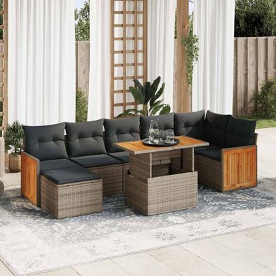 vidaXL 7-tlg. Garten-Sofagarnitur mit Kissen Grau Poly Rattan Akazie