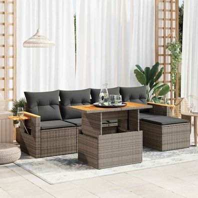 vidaXL 7-tlg. Garten-Sofagarnitur mit Kissen Grau Poly Rattan Akazie