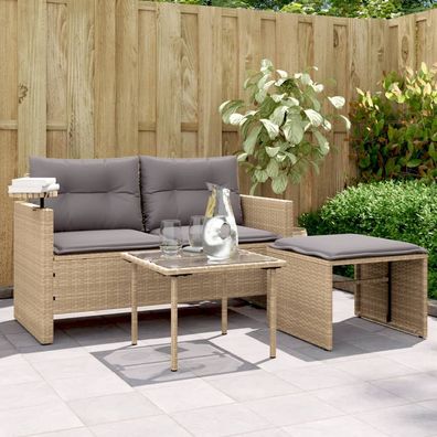 vidaXL 3-tlg. Garten-Sofagarnitur mit Kissen Beige Poly Rattan