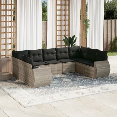 vidaXL 9-tlg. Garten-Sofagarnitur mit Kissen Hellgrau Poly Rattan