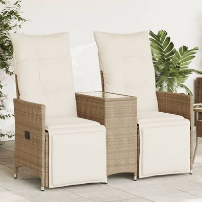 vidaXL Gartensofa 2-Sitzer Verstellbar mit Tisch Beige Poly Rattan