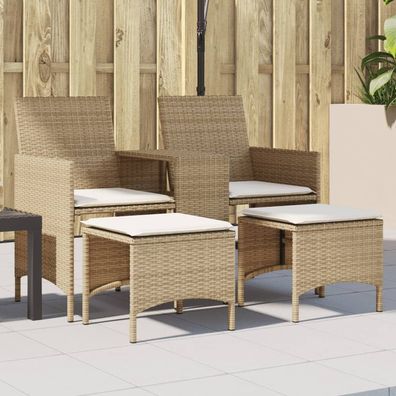 vidaXL Gartensofa 2-Sitzer mit Tisch und Hockern Beige Poly Rattan