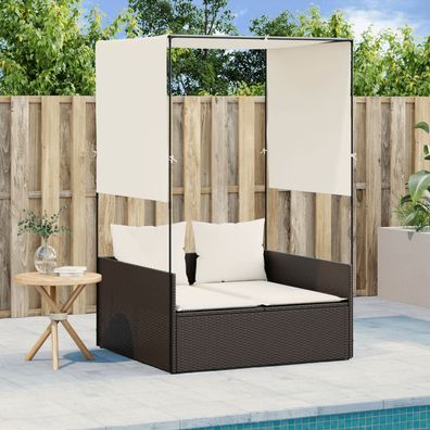 vidaXL Doppel-Sonnenliege mit Dach und Vorhängen Braun Poly Rattan