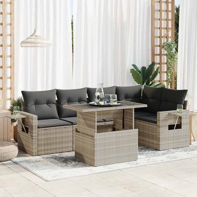 vidaXL 6-tlg. Garten-Sofagarnitur mit Kissen Hellgrau Poly Rattan