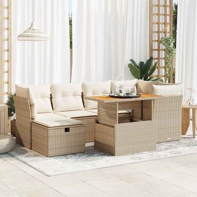 vidaXL 7-tlg. Garten-Sofagarnitur mit Kissen Beige Poly Rattan Akazie