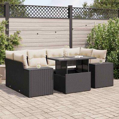 vidaXL 7-tlg. Garten-Sofagarnitur mit Kissen Schwarz Poly Rattan