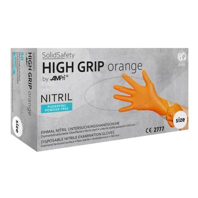 10x SolidSafety High Grip Orange, Nitril-Chemikalienschutzhandschuh, puderfrei, orang