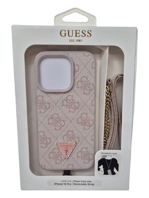 Guess Handy Hülle für iPhone 15 Pro PU 4G Strass Crossbody Strap rosa Handyhülle