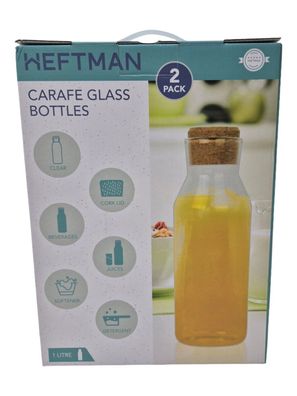 2er Set Glasskaraffe 1 Liter Glasflasche Heiß u Kalt Getränke Wasserkaraffe Kork