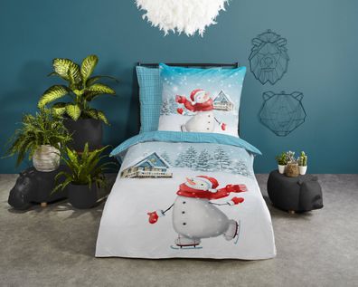 Good Morning Kids Flanell Bettwäsche 135x200 Snowman Schneemann Winter blau 30915