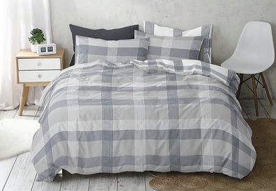 Sympathica Satin Bettwäsche Chester Smoke Karo silber blau graublau 155x220 cm