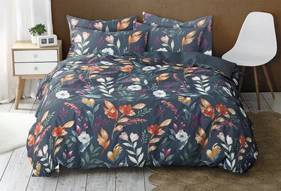 Sympathica Satin Bettwäsche Anisa Teal dunkelblau Blumen Wende 135x200 cm