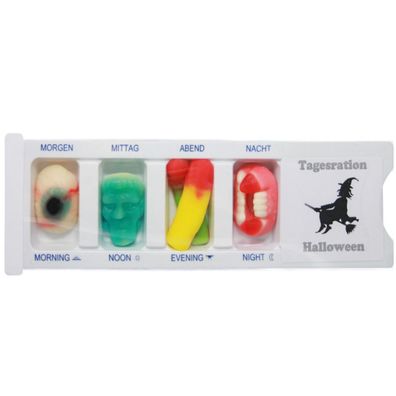 Tablettenbox Halloween Hexe gefüllt mit Fruchtgummi Scherzartikel 25g