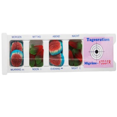 Tablettenbox Migräne Killer gefüllt mit Fruchtgummi Scherzartikel 25g