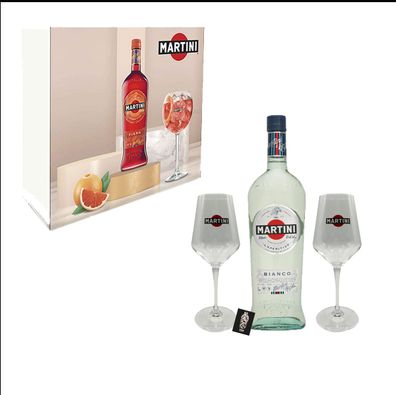 Martini Bianco Geschenkset - Martini Bianco 0,75L 14,4% Alk. + 2 x Martini Gläs