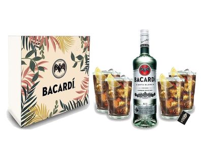 Bacardi Geschenkset - Bacardi Carta Blanca Rum 0,7l 700ml (37,5% Vol) + 4er Set