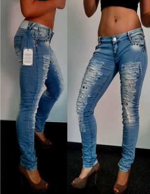 SeXy Miss Damen Girly Trendy Strass Hüft Used Look Jeans Hose 32 34 36 38