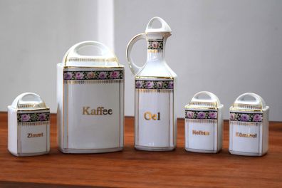 Set Keramik Antik Alt Vorratsdosen Kaffee Öl Zimmt Kümmel Nelken Porzellan Rose