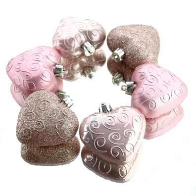 Bruchfeste Weihnachtsanhänger in Herzform Rosa 7 cm aus Kunststoff - 6er Set