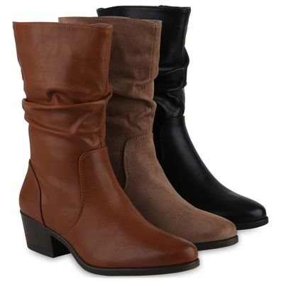 VAN HILL Damen Klassische Stiefel Holzoptikabsatz Spitze Boots Schuhe 840533